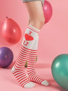 Valentine's Day heart over-the-knee socks, red and white striped cute party stockings.
