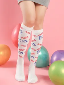 White over the knee socks with red kiss print and romantic pattern for daily wear.