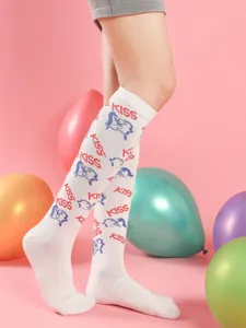 Knee high socks with kiss print cute white stockings for women party date wear cozy hosiery