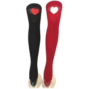 Valentine heart over knee socks, sexy black red hosiery party stockings detail view.