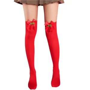 Red over-the-knee stockings featuring bow and cherry decor, perfect for party and dating.
