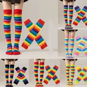 Ensemble Chaussettes Montantes Et Gants Rayés Arc-En-Ciel Coton Multicolore Pour Scène Cosplay