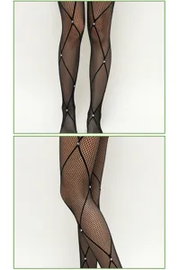 Close-up detail of black fishnet tights featuring sparkling rhinestone diamond patterns.