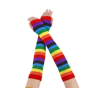 Colorés gants longs sans doigts rayés arc-en-ciel chauffe-bras pour cosplay costume