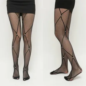 Women Sexy Black Small Mesh Rhinestone Fishnet Stockings High Waist Hip Wrapping Footed Tights Fashion Hosiery