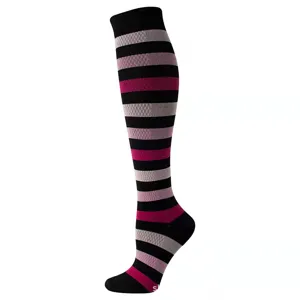 Détail de chaussette de compression rayée au genou, motif noir rose gris, nylon.