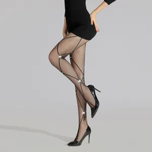 Sexy black fishnet tights with rhinestone diamond geometric lines and high heels for women.