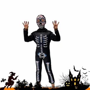 Costume Cosplay Scheletro Halloween Bambini Tuta Nera Manica Lunga Con Maschera Vestito da Festa