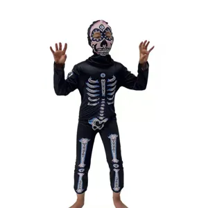 Costume da scheletro di Halloween per bambini tuta nera con maschera teschio per festa.