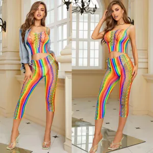 Conjunto de Lencería de Malla Rayada Colorida Sexy para Mujer Top Halter Transparente y Minifalda Ropa de Dormir Exótica