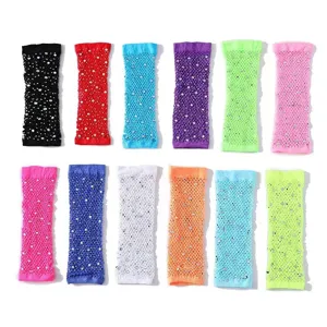 Women Fashion Long Mesh Fishnet Half Finger Gloves Sparkling Rhinestone Sexy Party Halloween Clubwear Gloves
