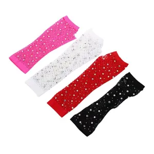 Women rhinestone fishnet fingerless gloves sparkly mesh arm warmers party dance club wear