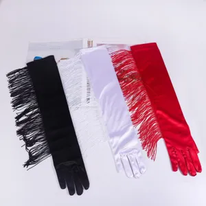 Lange Fransen Satinhandschuhe fuer Latein Tanz Performance, elegante Braut Party Mode.
