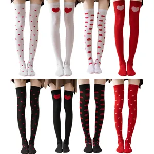 Women Over The Knee Stockings Valentine Day Heart Red Lips Print Long Tube Socks Sweet Cute Fashion Hosiery