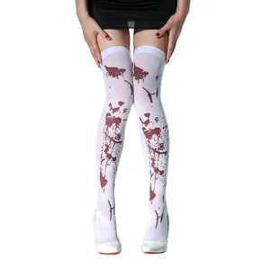 Halloween bloody over-the-knee stockings with realistic red splash print for cosplay party.