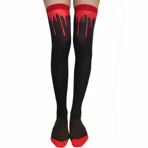 Halloween scary blood print over-the-knee socks, black and red cosplay costume thigh highs.