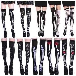 Halloween Cosplay Skeleton Bone Print Over The Knee Socks Gothic Dark Style High Stockings For Women Party