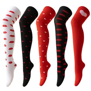 Detailed view of Valentine's Day over-the-knee cotton socks with cute lips and heart patterns.