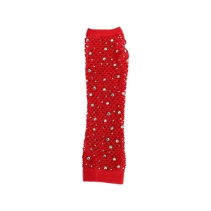 Red rhinestone fishnet half-finger gloves stylish mesh party accessories for women.