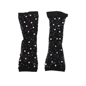 Black mesh rhinestone fishnet half-finger gloves for disco and Halloween parties