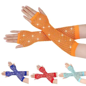 Detailed view of elastic fingerless fishnet gloves with sparkling rhinestones in multiple colors.