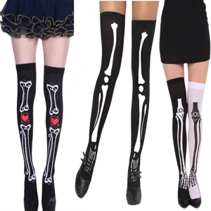 Halloween skeleton over knee long stockings for women party costume dress up thigh highs