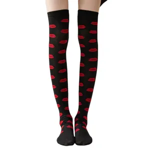 Black over-the-knee long socks featuring cute red lips print, perfect for Valentine's Day.