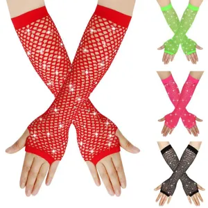 Detail view of sparkly rhinestone fishnet fingerless gloves, showing mesh texture and stretch fit.