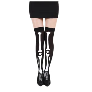 Halloween skeleton over-the-knee high socks black gothic thigh high stockings for women party.