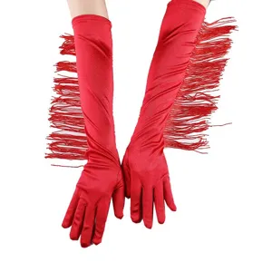 Rote lange Satin-Fransenhandschuhe fur Tanzauffuhrungen, Hochzeiten und elegante Festlichkeiten.