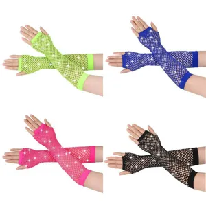Sexy women stretch rhinestone fishnet half finger gloves for disco party and halloween.