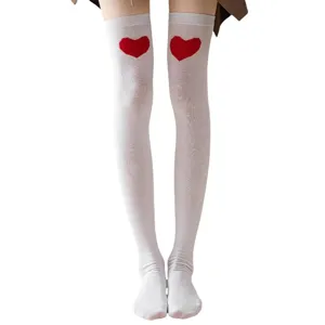 White over-the-knee stockings with cute red heart pattern for women daily wear now