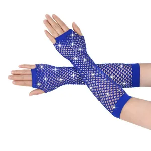 Blue rhinestone fishnet long gloves fingerless mesh party gloves for women sexy accessories