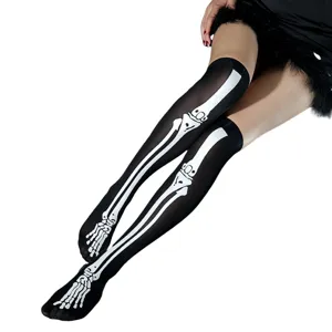 Halloween black over-the-knee stockings with white skeleton bone print for party cosplay.