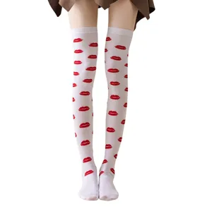 Details of Valentine's Day red lip print over-the-knee cotton socks close-up view.