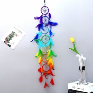 Colorful rainbow dream catcher detail, handmade wall hanging decor for home room aesthetic interior.