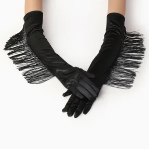 Black long fringe satin gloves detail, elegant evening party or latin dance performance wear.