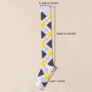 Classic argyle over-the-knee long socks for women, British style cozy knitted cosplay party hosiery.