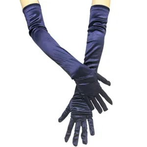 Dunkelblaue Satin Langhandschuhe Detailansicht, elegante glänzende Opernhandschuhe Party.