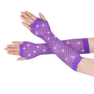Purple rhinestone fishnet fingerless gloves sparkling mesh long arm warmers party costume