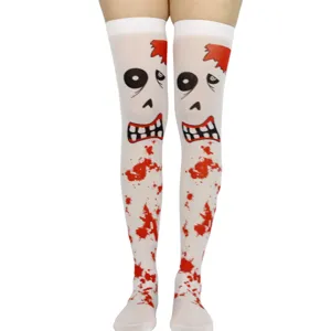 Detail view of Halloween zombie bloody print over-the-knee stockings for costume party.