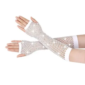 Women white mesh rhinestone half finger gloves stretch fishnet stylish party accessory detail