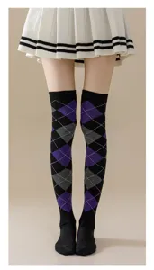Women over the knee argyle stockings, black and purple retro long knit socks for cosplay party.