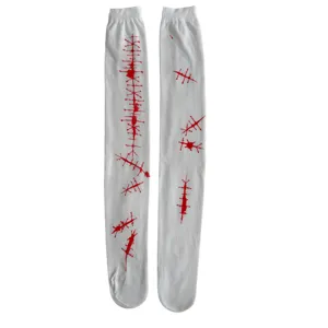 Halloween scary bloody scar stitch pattern over knee white long socks close up detail view