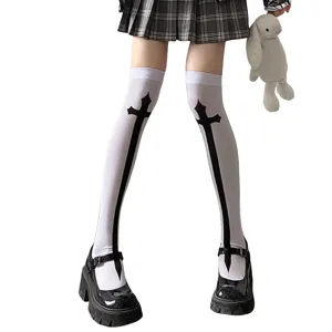 Gothic white over-the-knee long socks featuring a striking black cross print design detail.