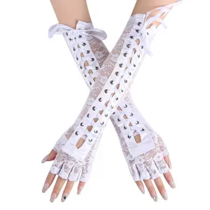 White lace fingerless gloves long ribbon lace-up gothic style party cosplay costume