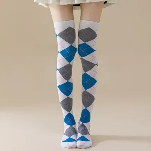 Women over knee long socks retro argyle pattern fashion cosplay party thigh high hosiery