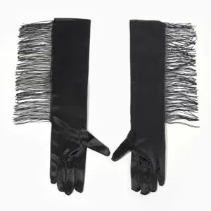 Black satin long fringe gloves for evening party, wedding, or dance performance styles.