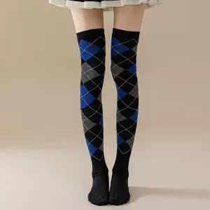 Women preppy style argyle over knee long socks black blue contrast knit hosiery main view