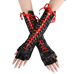 Black lace fingerless long gloves with red ribbon cross lacing gothic arm warmers.